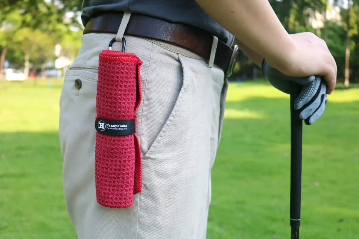Handy Picks Microfiber Golf Towel 40cm x 40cm (16" x 16") | Pack of 3 Red Waffle Pattern with Carabiner Clip - view 3