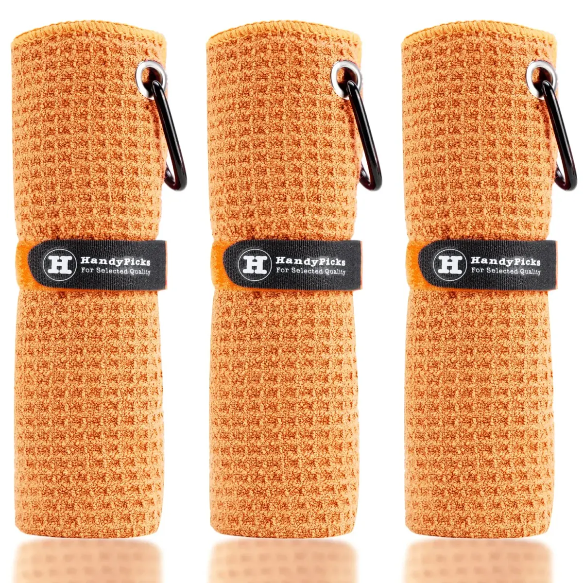 Handy Picks Microfiber Golf Towel - 40cm x 40cm Orange with Carabiner Clip & Waffle Pattern - main product image