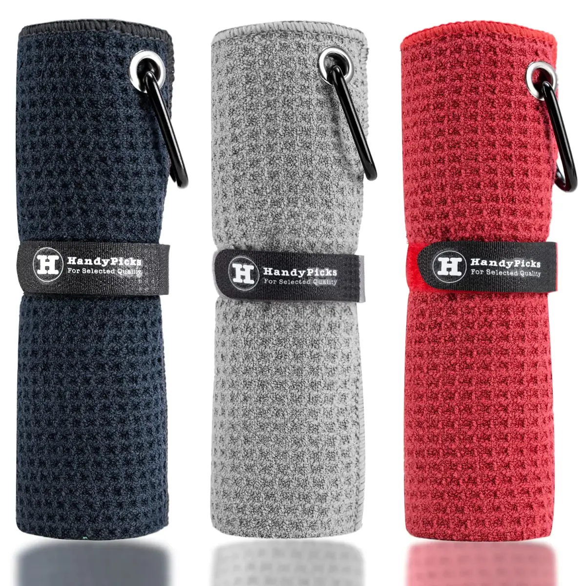 Handy Picks Microfiber Golf Towel 40cm x 40cm - Black, Grey & Red 3-Pack with Carabiner Clip - main product image