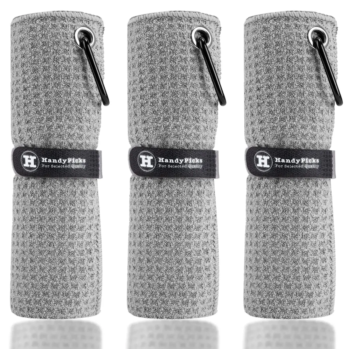 Handy Picks Grey Microfiber Golf Towel 40cm x 40cm with Waffle Pattern and Carabiner Clip - main product image
