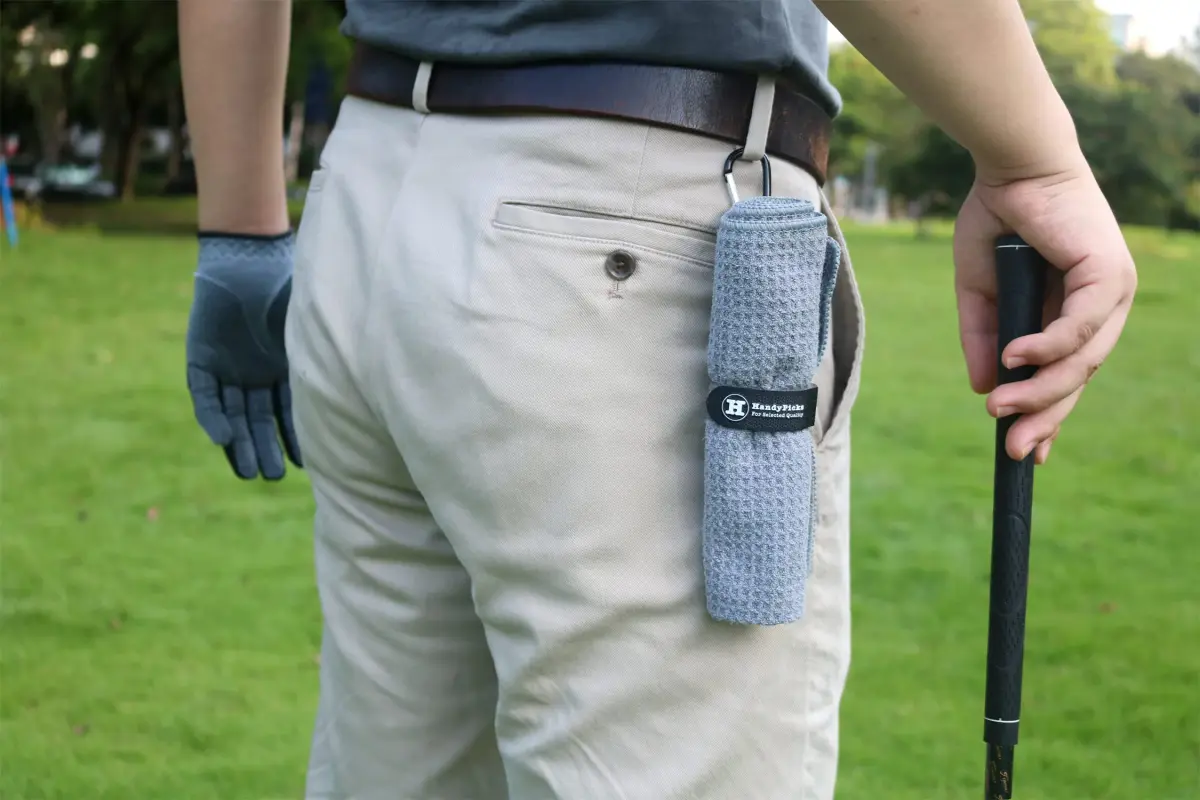 Handy Picks Grey Microfiber Golf Towel 40cm x 40cm with Waffle Pattern and Carabiner Clip - view 3