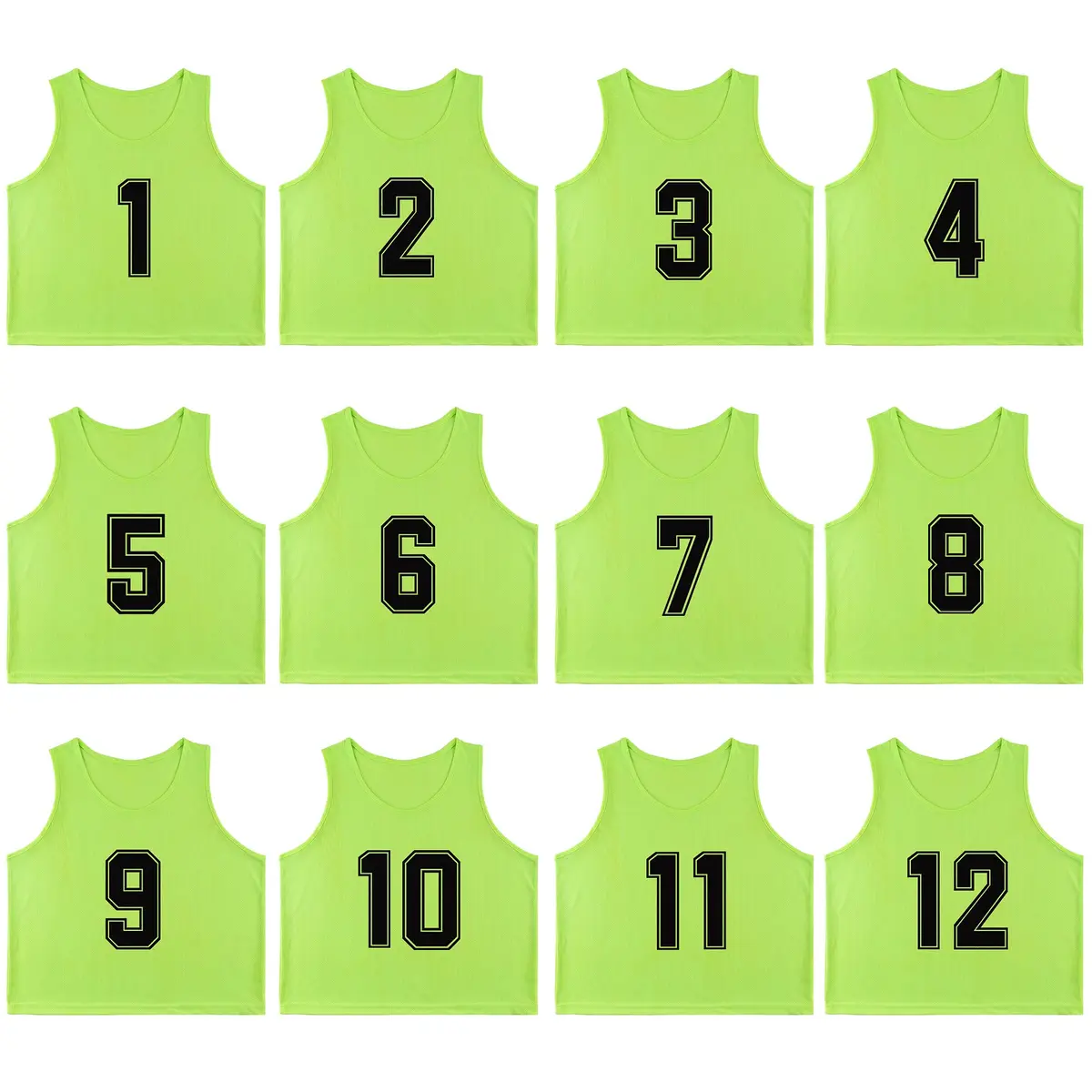 RE-HUO 12 Pack Numbered Scrimmage Vests for Sports | Breathable Polyester Mesh, 3 Sizes, 10 Colors, 1-48 Numbered, Unisex - main product image