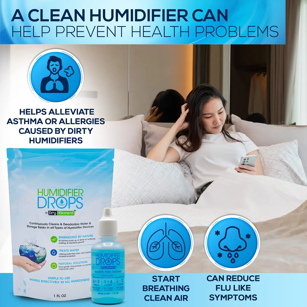 Dry Element Humidifier Drops 1 Fl Oz | Premium Food Grade Concentrate, Slows Residue & Scaling, Freshens Water, 100+ Day Supply, Made in USA - view 6