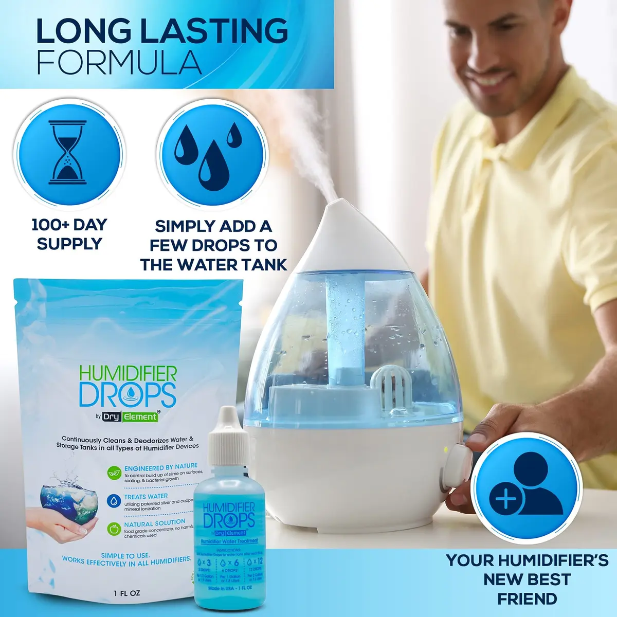 Dry Element Humidifier Drops 1 Fl Oz | Premium Food Grade Concentrate, Slows Residue & Scaling, Freshens Water, 100+ Day Supply, Made in USA - view 7