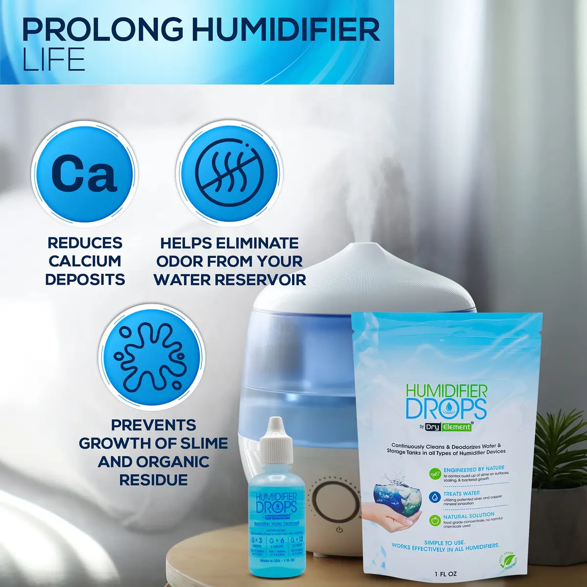 Dry Element Humidifier Drops 1 Fl Oz | Premium Food Grade Concentrate, Slows Residue & Scaling, Freshens Water, 100+ Day Supply, Made in USA - view 2
