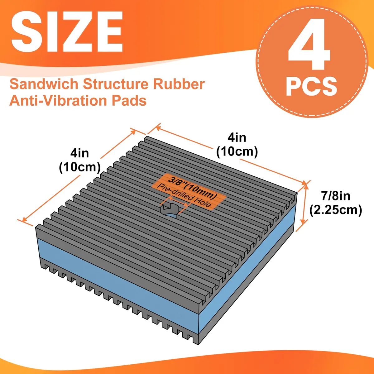 GCGOODS Rubber Anti-Vibration Pad 4" x 4" x 7/8" Heavy Duty Rubber with Blue EVA Center for HVAC, Air Compressor, Washer & Dryer - view 2