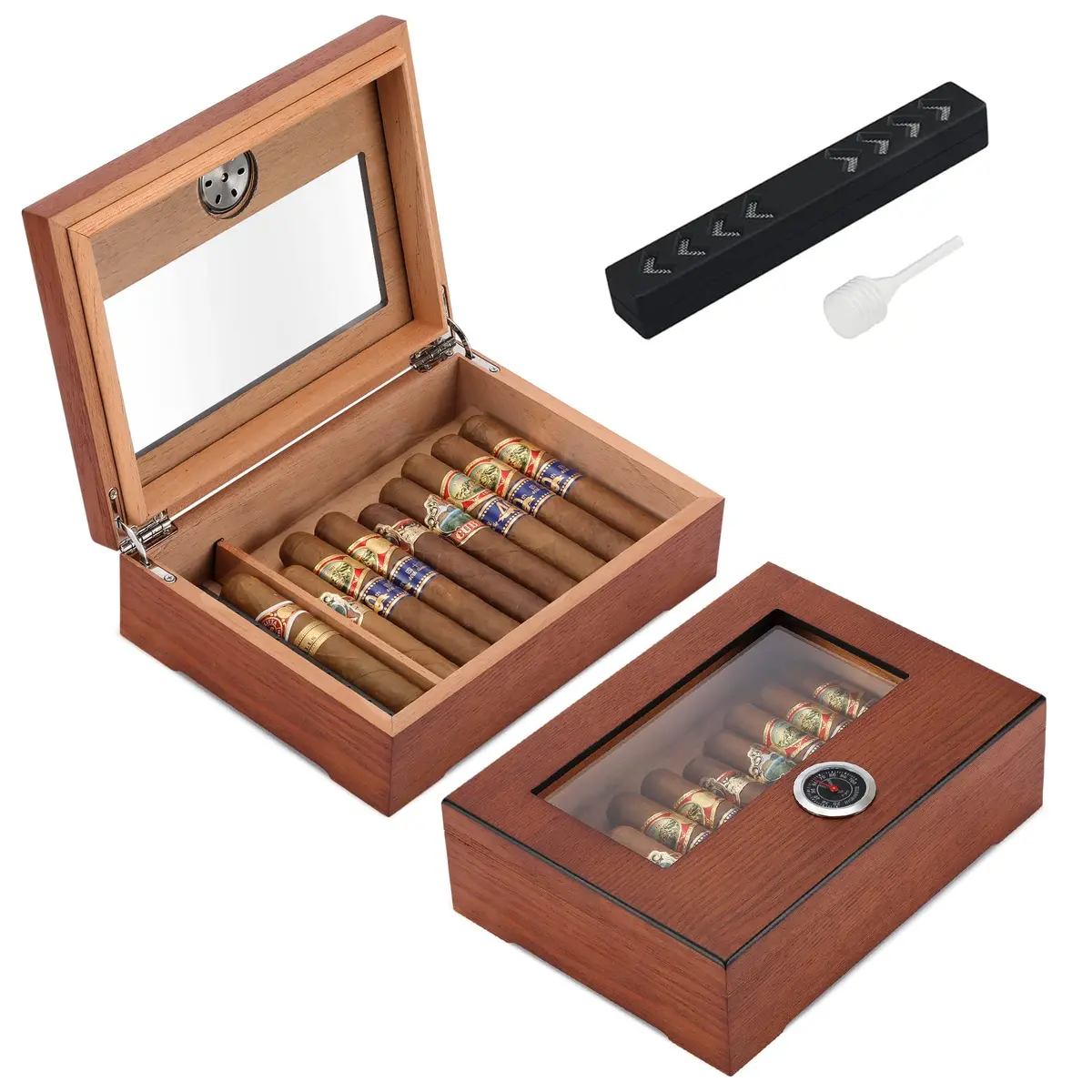TISFA Cigar Humidor Glass Top Box with Hygrometer Humidifier Divider 25.4cm x 17.8cm x 7.1cm | Spanish Cedar Wood - main product image