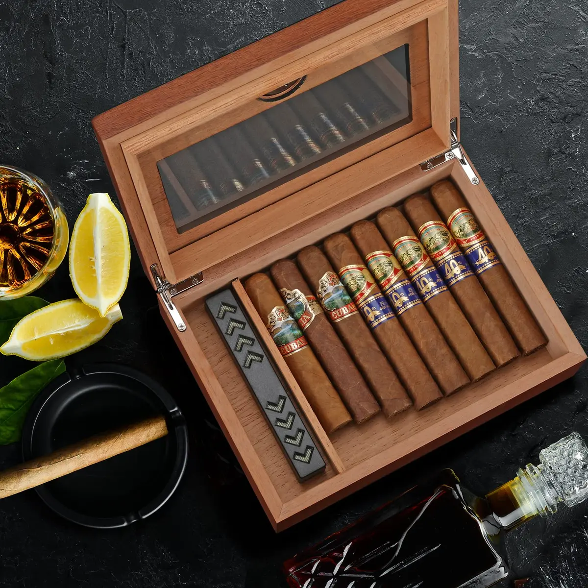 TISFA Cigar Humidor Glass Top Box with Hygrometer Humidifier Divider 25.4cm x 17.8cm x 7.1cm | Spanish Cedar Wood - view 5