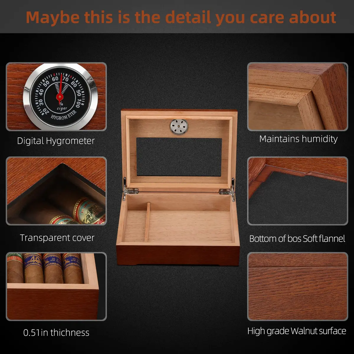 TISFA Cigar Humidor Glass Top Box with Hygrometer Humidifier Divider 25.4cm x 17.8cm x 7.1cm | Spanish Cedar Wood - view 2