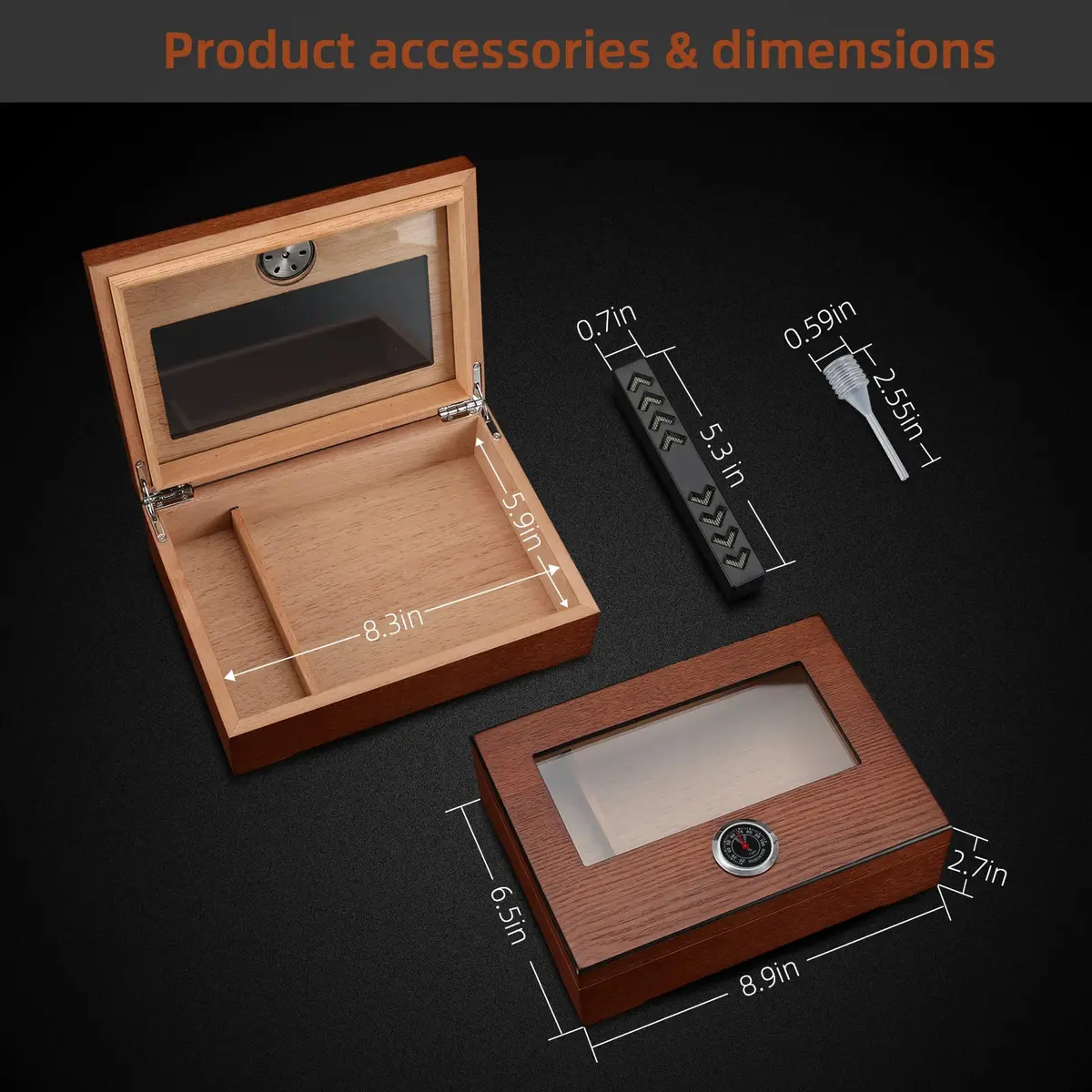 TISFA Cigar Humidor Glass Top Box with Hygrometer Humidifier Divider 25.4cm x 17.8cm x 7.1cm | Spanish Cedar Wood - view 4