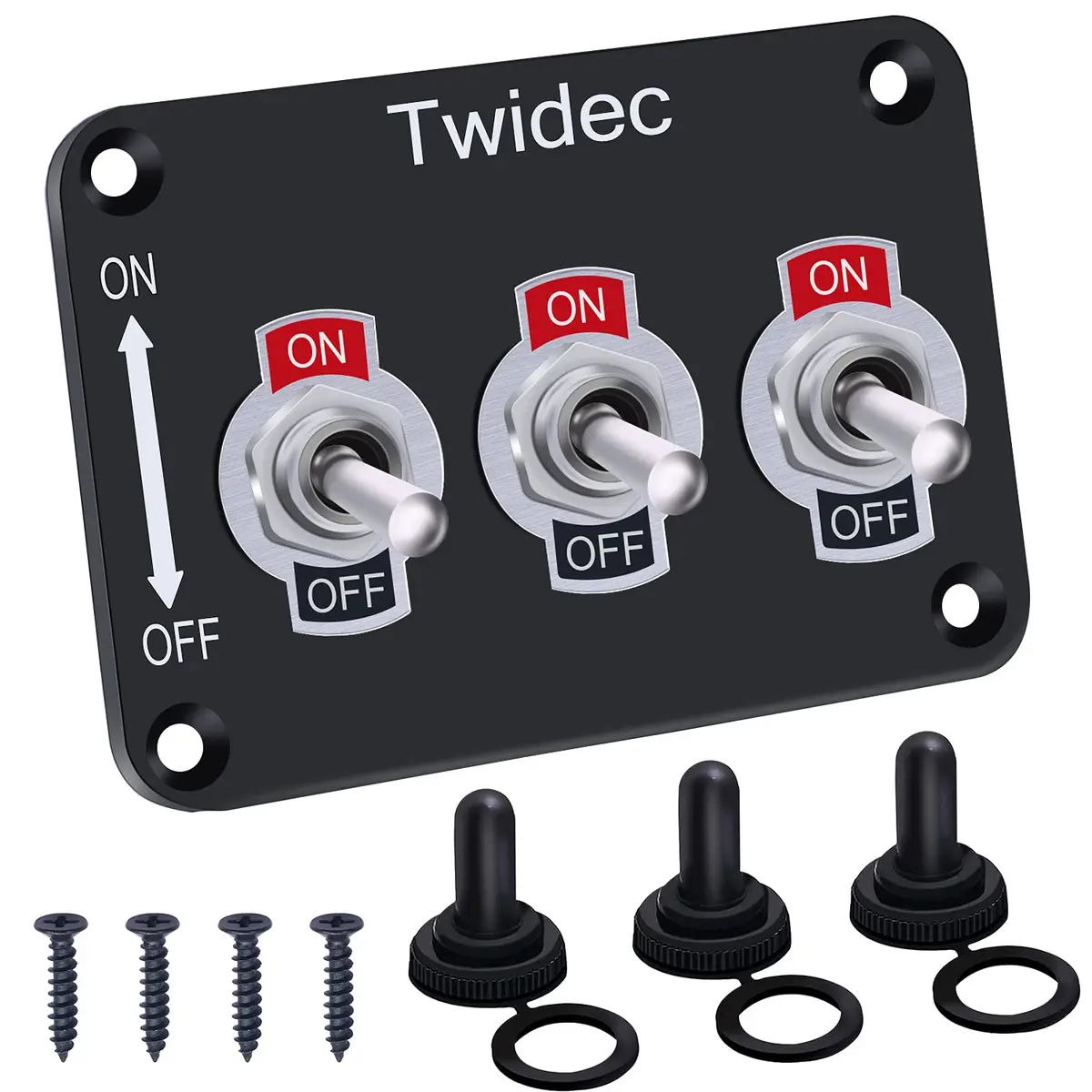 Twidec 3-Gang Rocker Toggle Switch Panel 16A 250V AC / 12V DC SPST ON/Off with Waterproof Cover | Metal Panel for Automotive & Industrial Use - main product image