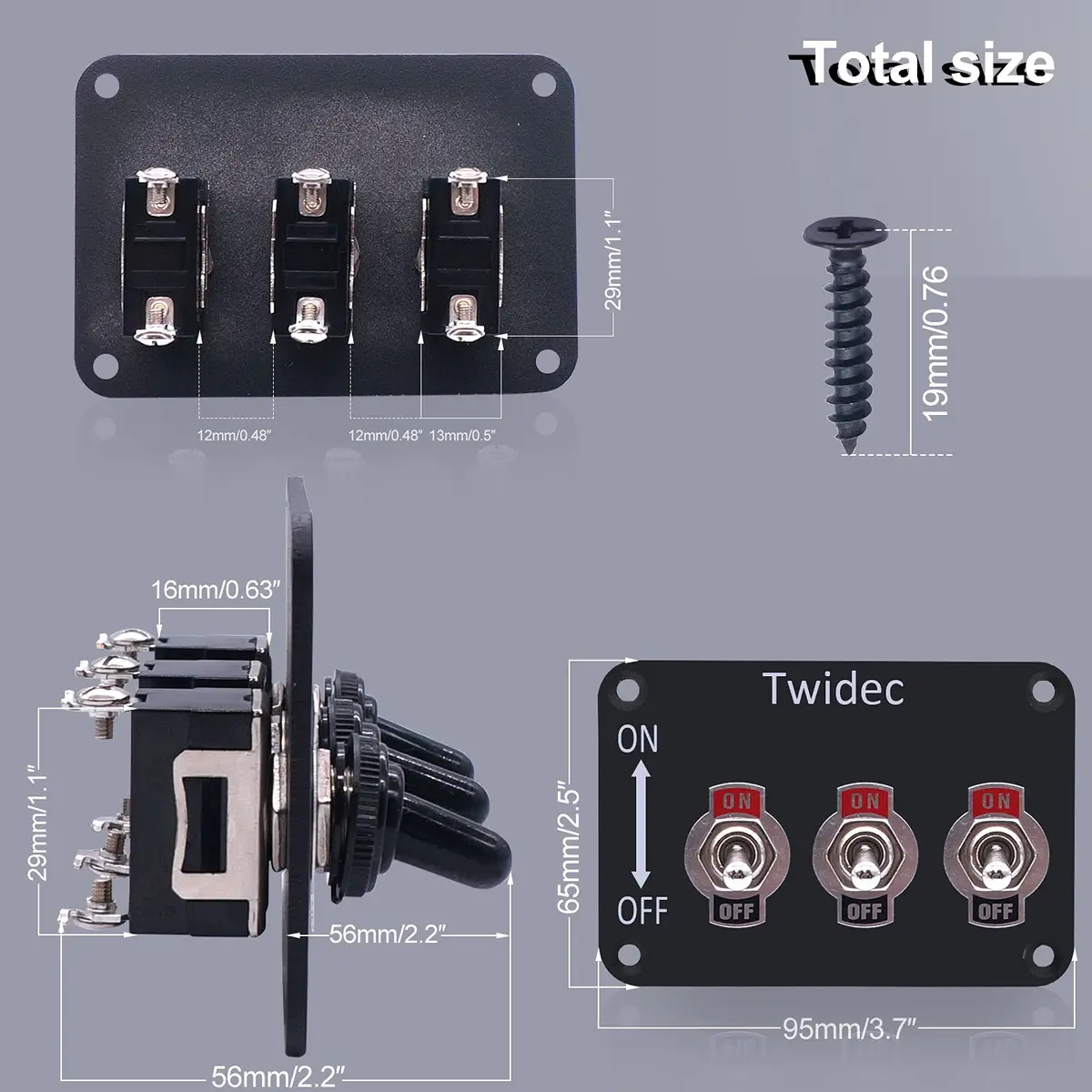 Twidec 3-Gang Rocker Toggle Switch Panel 16A 250V AC / 12V DC SPST ON/Off with Waterproof Cover | Metal Panel for Automotive & Industrial Use - view 5