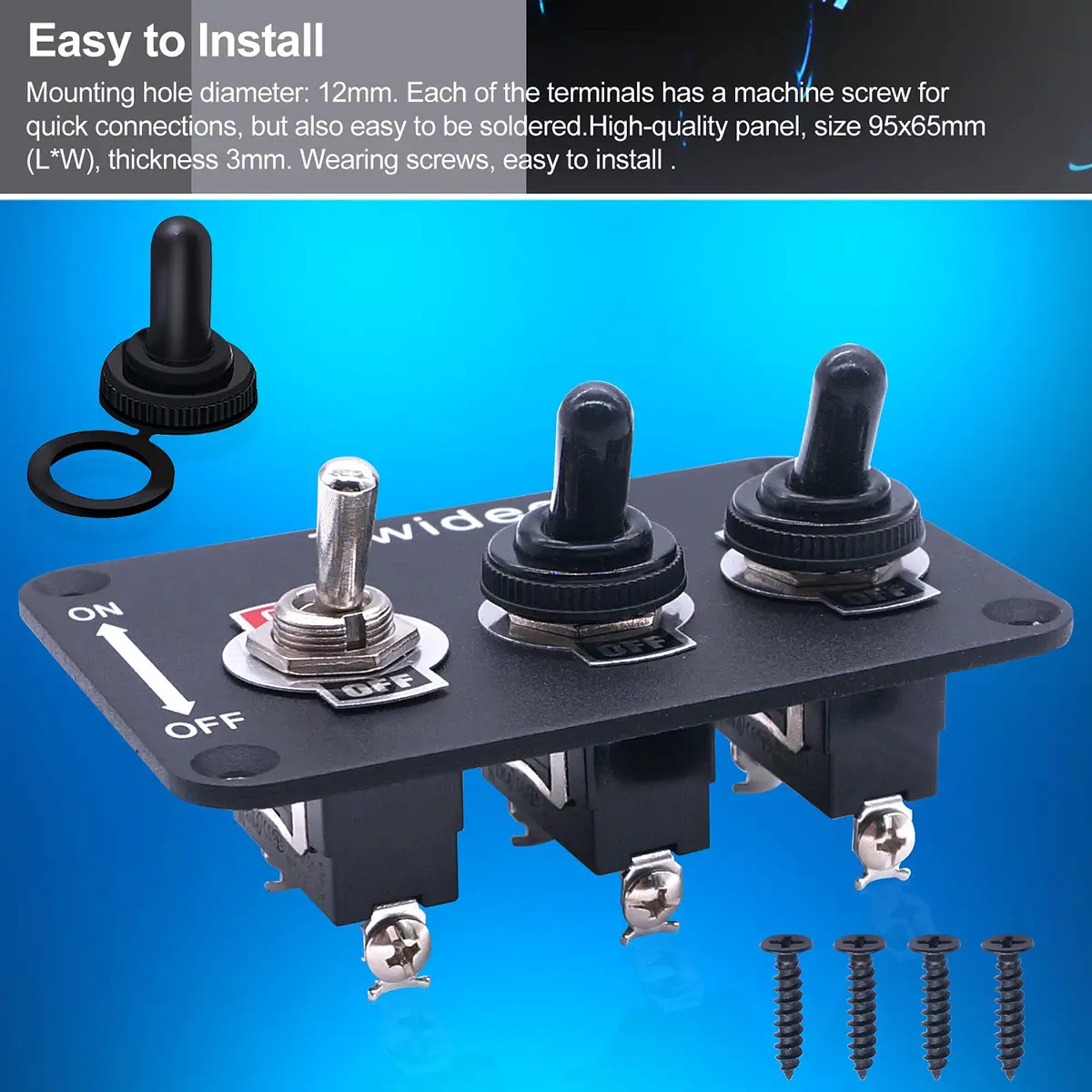 Twidec 3-Gang Rocker Toggle Switch Panel 16A 250V AC / 12V DC SPST ON/Off with Waterproof Cover | Metal Panel for Automotive & Industrial Use - view 2