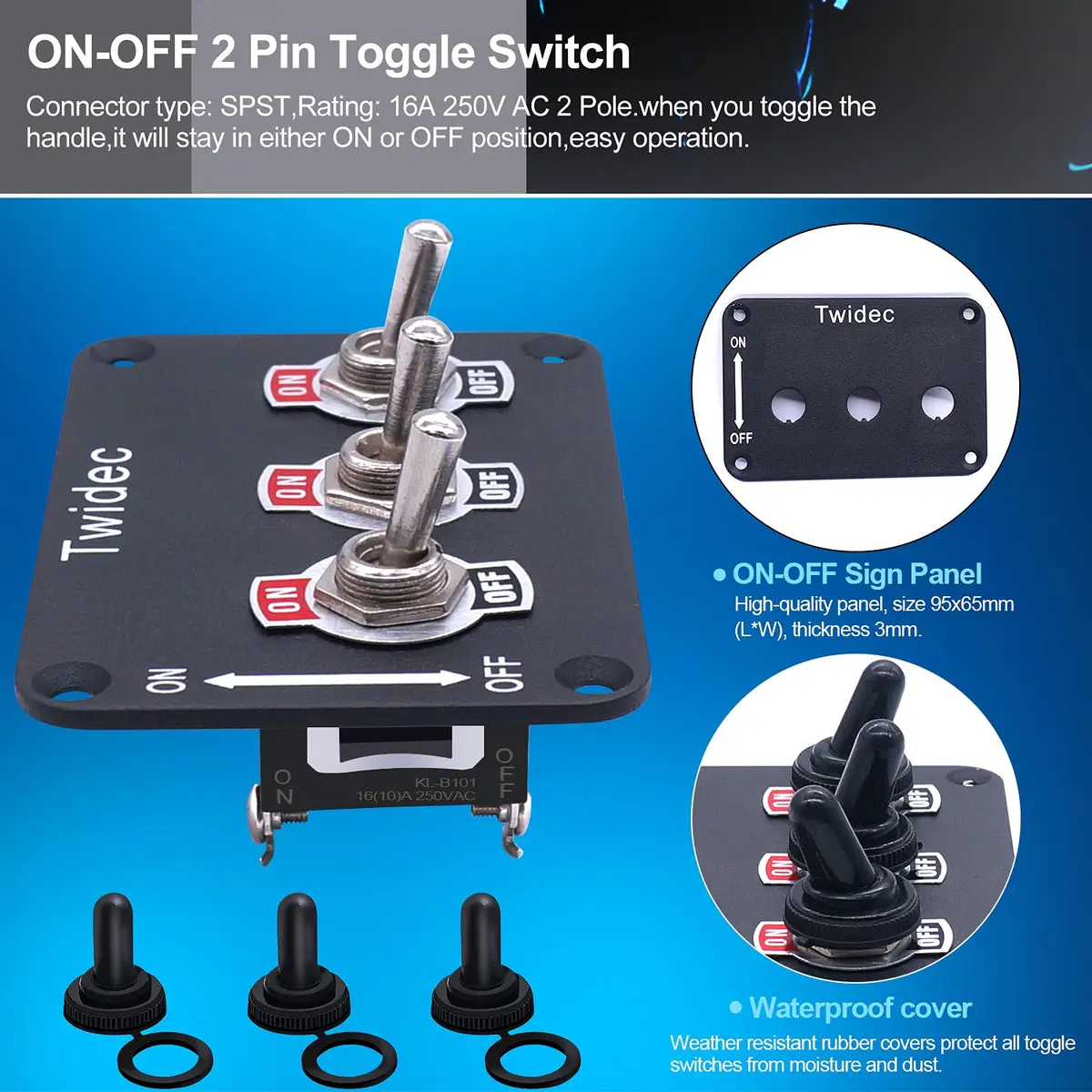 Twidec 3-Gang Rocker Toggle Switch Panel 16A 250V AC / 12V DC SPST ON/Off with Waterproof Cover | Metal Panel for Automotive & Industrial Use - view 3
