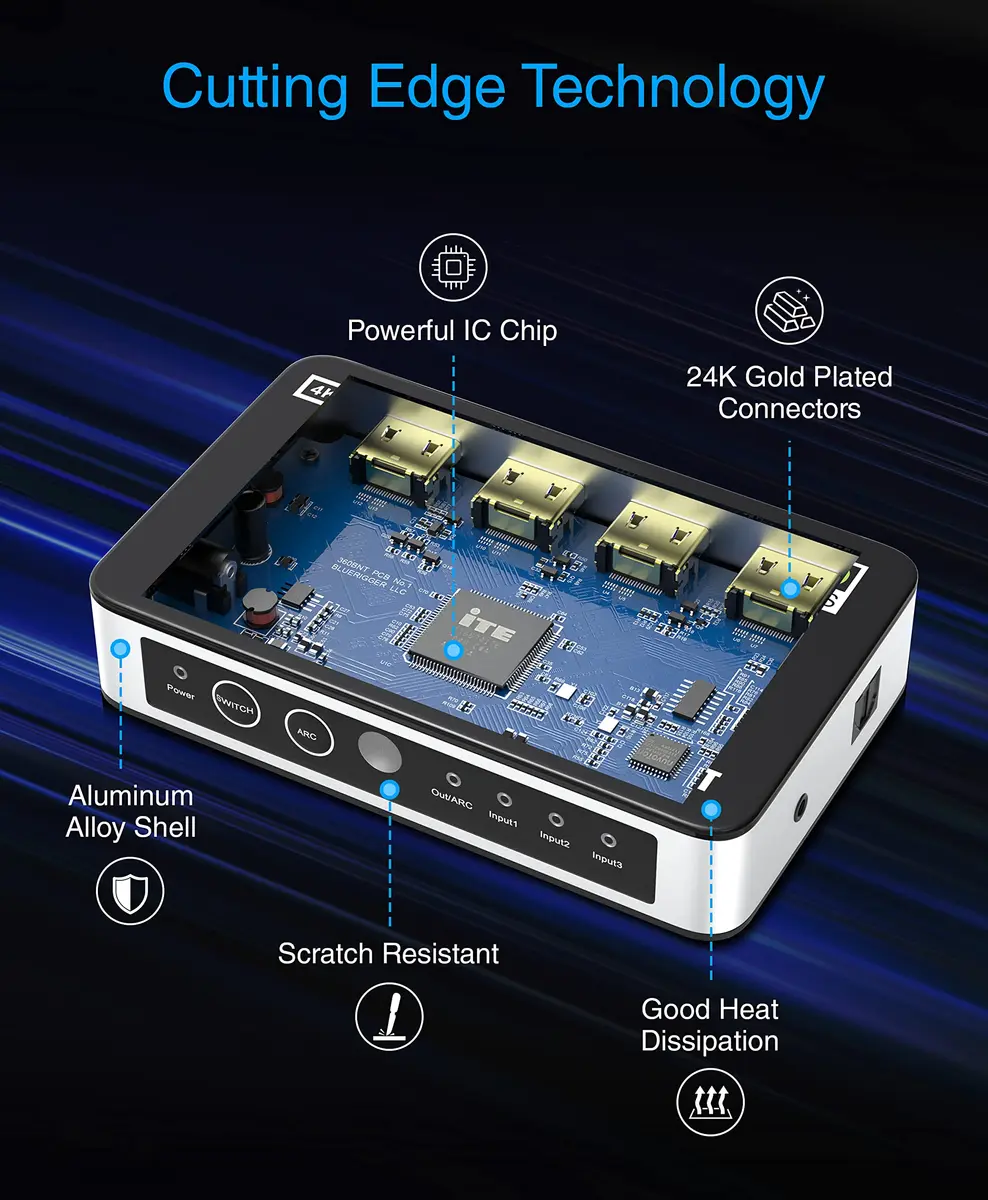 Kinivo HDMI Switch with Audio Extractor 360BNT 4K - 3 in 1 out, Toslink Optical, Dolby Digital, HDR, IR Remote - view 6