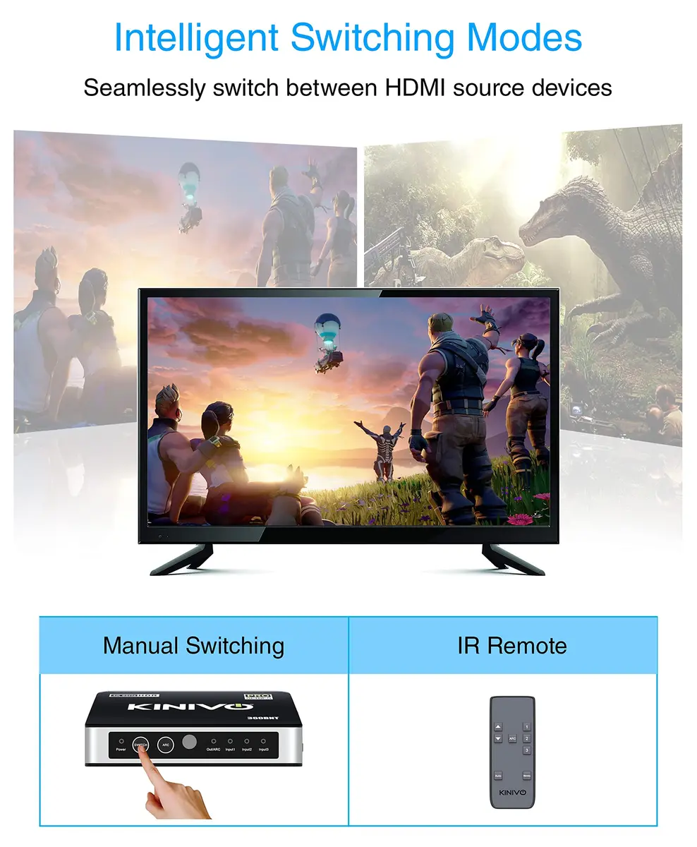 Kinivo HDMI Switch with Audio Extractor 360BNT 4K - 3 in 1 out, Toslink Optical, Dolby Digital, HDR, IR Remote - view 8