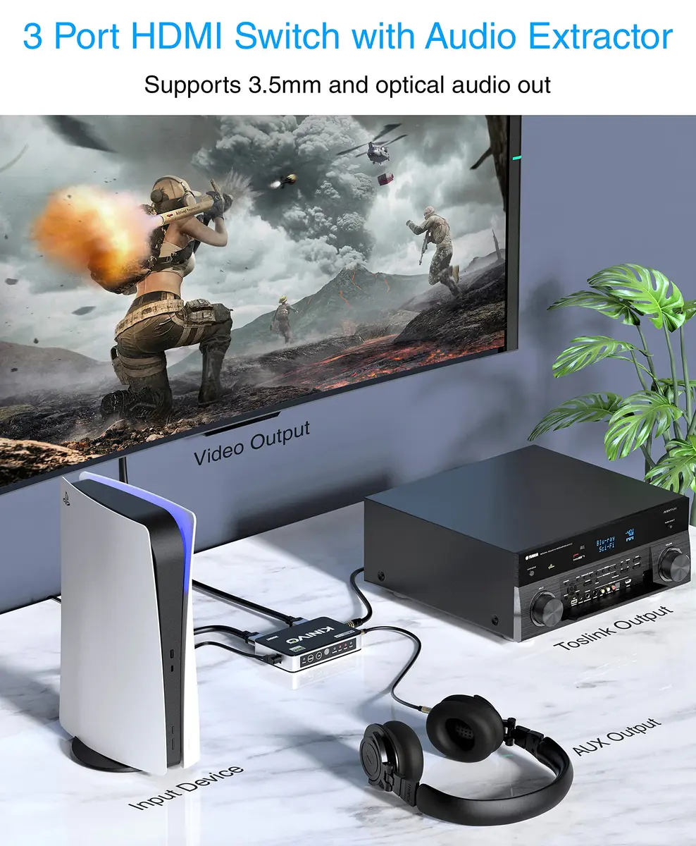 Kinivo HDMI Switch with Audio Extractor 360BNT 4K - 3 in 1 out, Toslink Optical, Dolby Digital, HDR, IR Remote - view 2