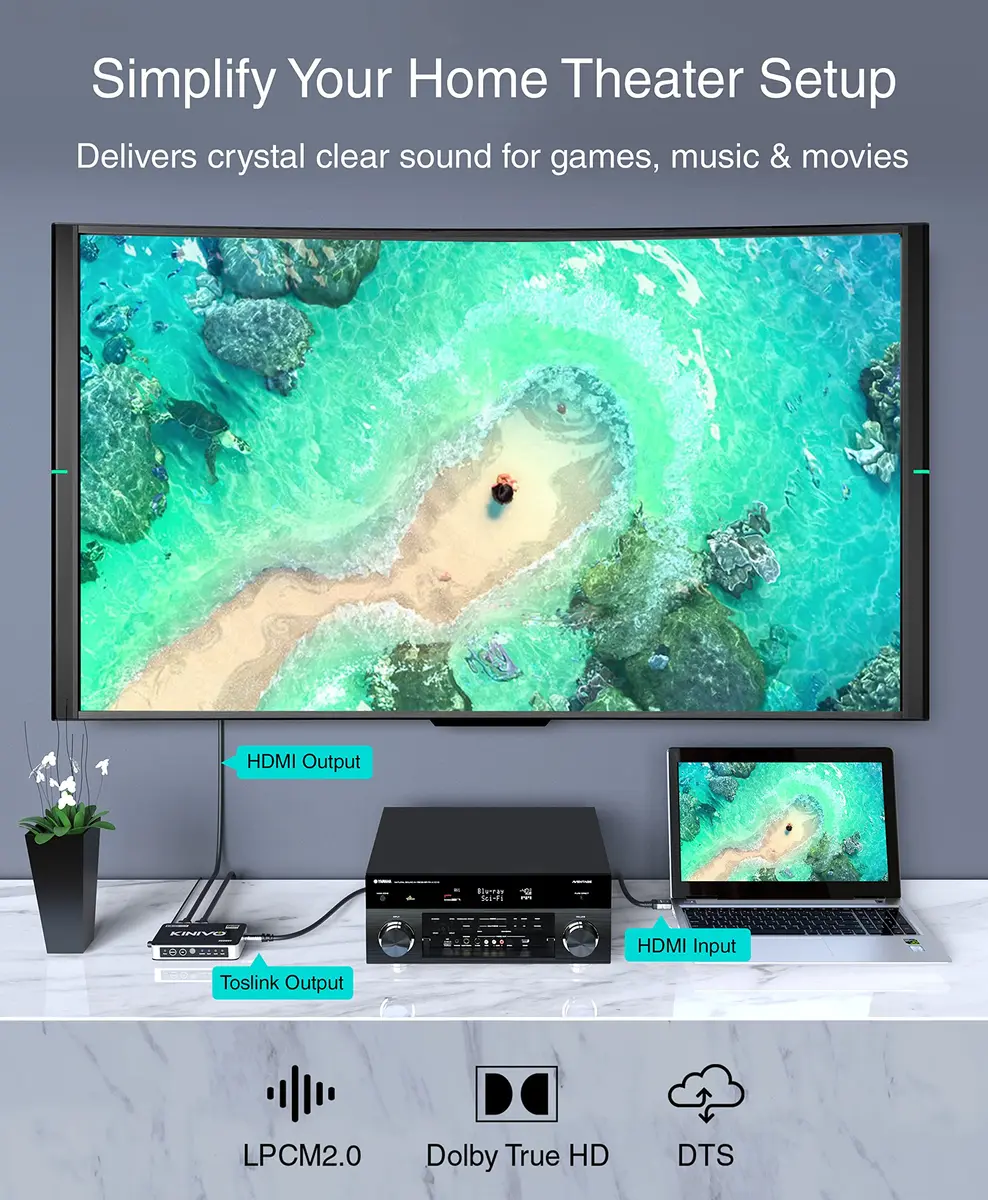 Kinivo HDMI Switch with Audio Extractor 360BNT 4K - 3 in 1 out, Toslink Optical, Dolby Digital, HDR, IR Remote - view 4