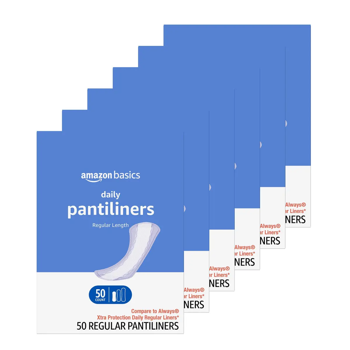 Amazon Basics Daily Pantiliner, Regular Length, Unscented, 300 Count (6 Packs of 50) | Feminine Pads for Light Protection - main product image