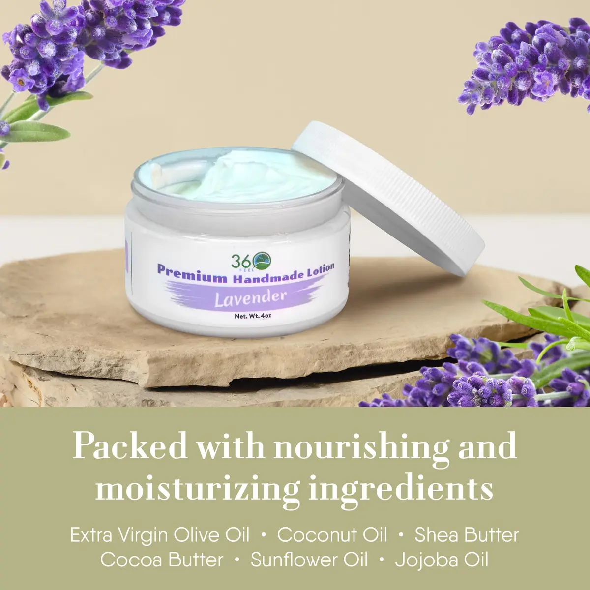 360Feel Lavender Patchouli Lotion - Hydrates with Coconut & Olive Oil, Plant-Based, Non-Greasy, Sensitive Skin, All Day Use - view 4