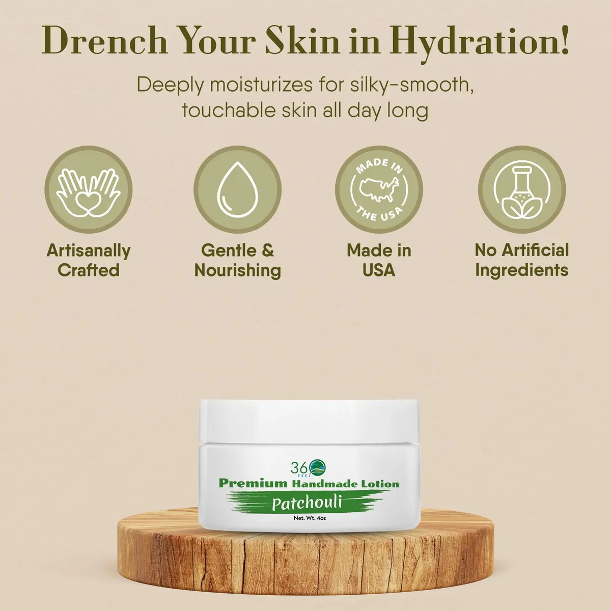 360Feel Patchouli Body Lotion 4 Fl Oz | Hydrates with Coconut & Olive Oil, Plant-Based, Sensitive Skin, All Day Use - view 3
