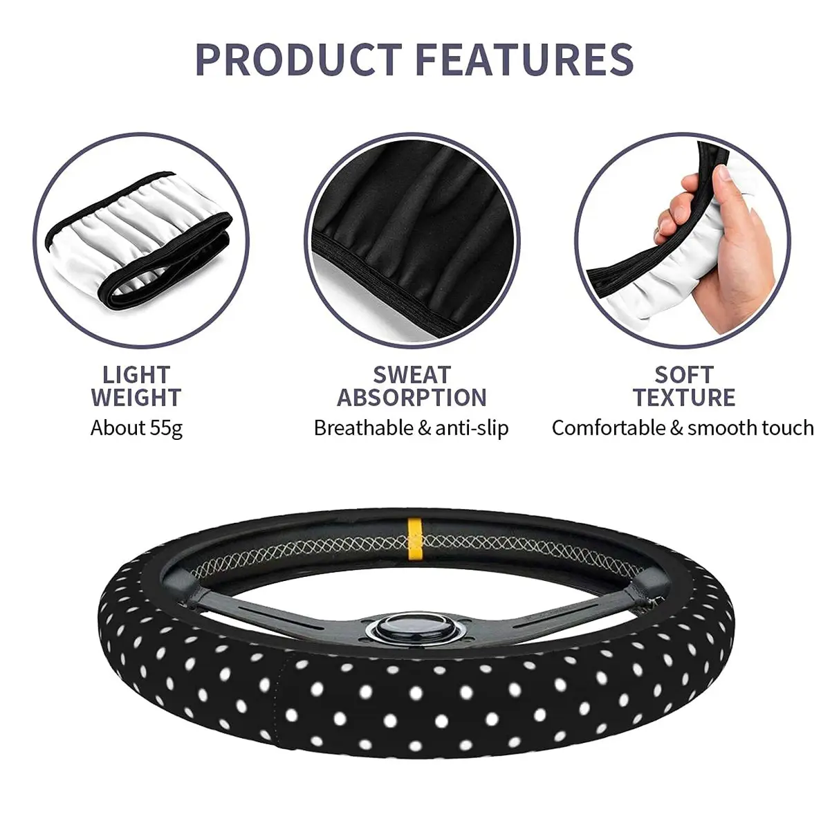 KUOAICY Black and White Polka Dot Steering Wheel Cover | Non Slip Neoprene 15 inch | Universal Fit for Women Men - view 3