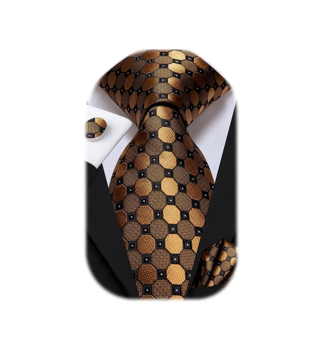 Dubulle Silk Necktie Set with Cufflinks & Pocket Square | Gold Brown 150cm | Formal & Wedding Accessory - main product image