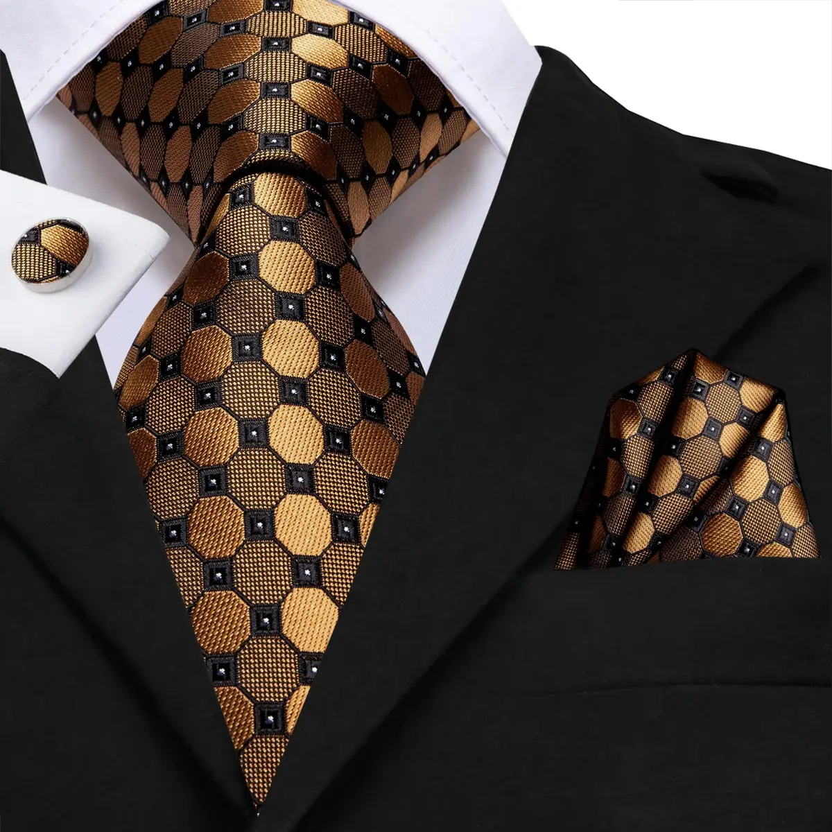 Dubulle Silk Necktie Set with Cufflinks & Pocket Square | Gold Brown 150cm | Formal & Wedding Accessory - view 6