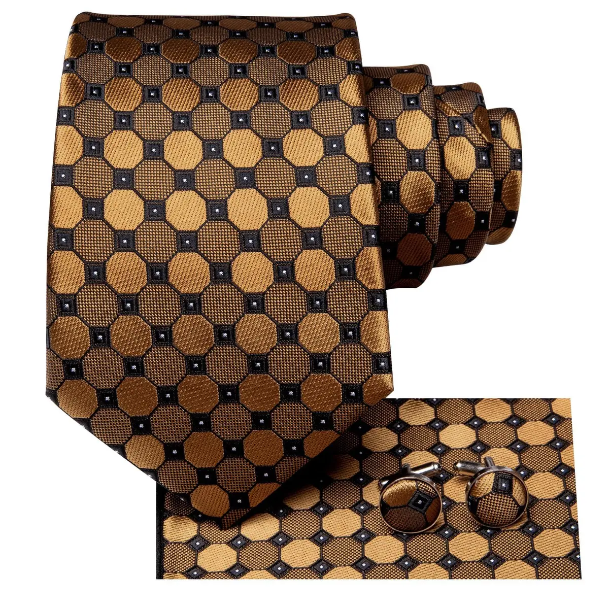Dubulle Silk Necktie Set with Cufflinks & Pocket Square | Gold Brown 150cm | Formal & Wedding Accessory - view 3