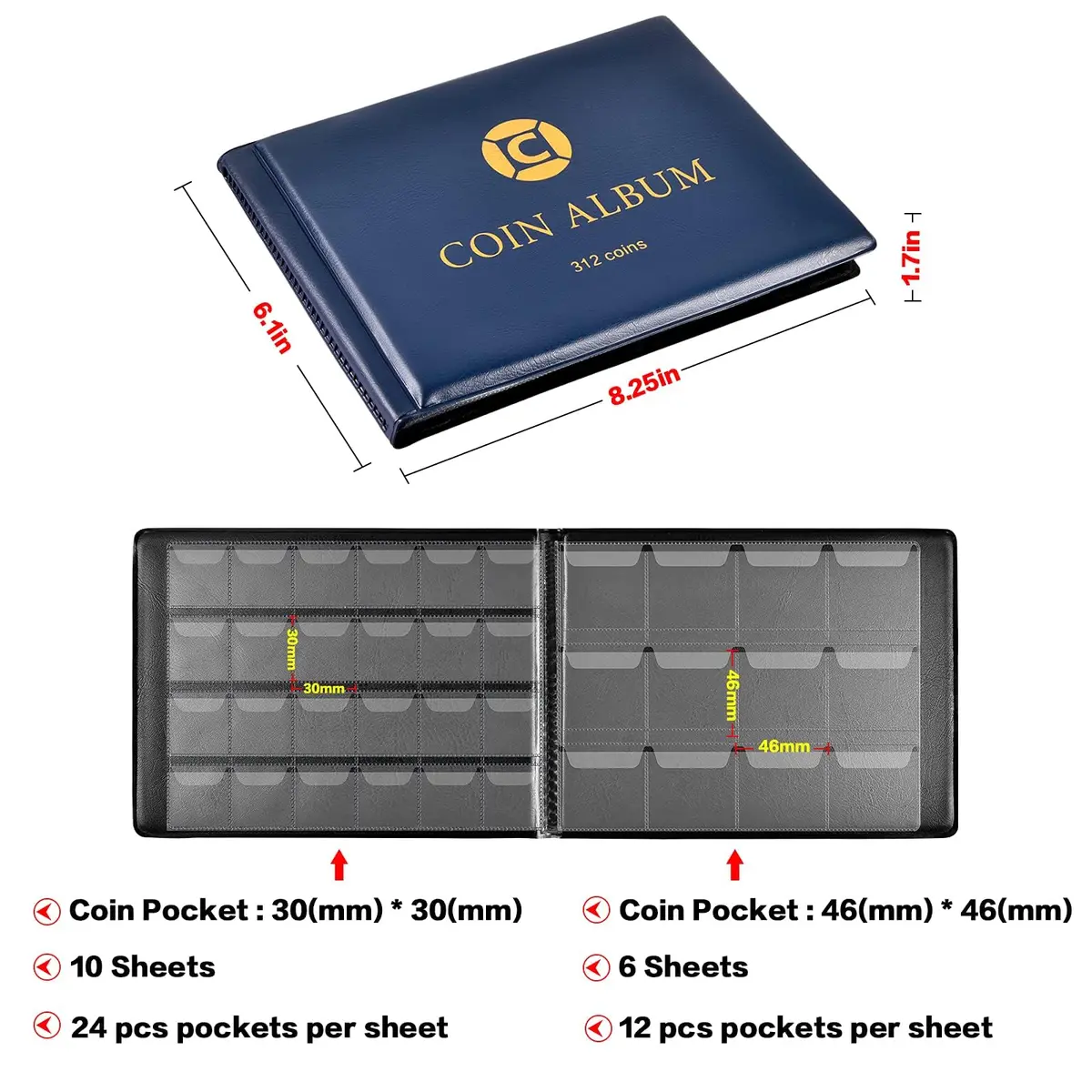 GWCASE 312-Pocket Coin Album for Collectors & Kids, 2-Sided Display, Blue | Classic PU Cover - view 3