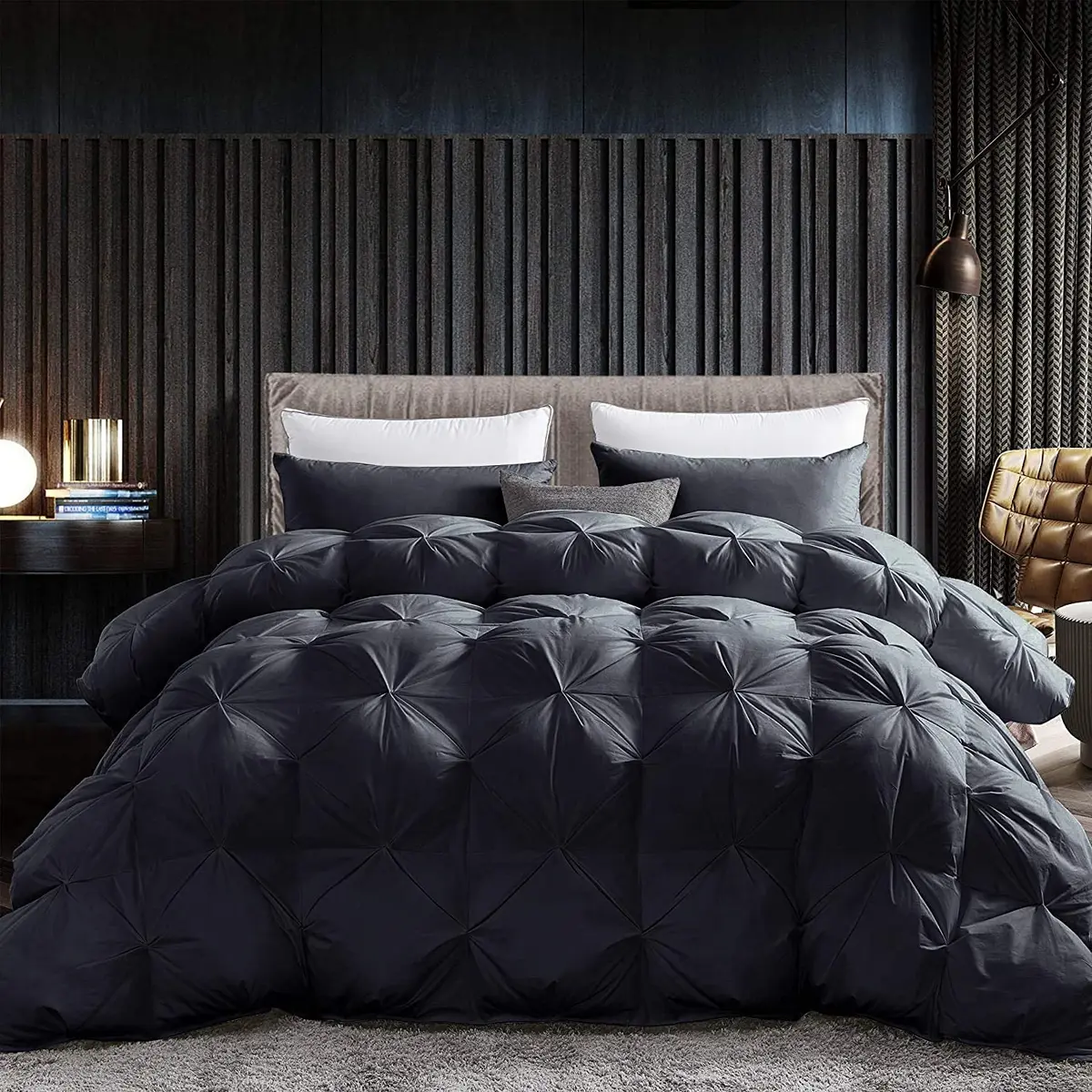 EGYPTIAN BEDDING Luxurious Black Pinch Pleat Down Comforter 120x98 | Oversize King, Egyptian Cotton, RDS Certified - main product image