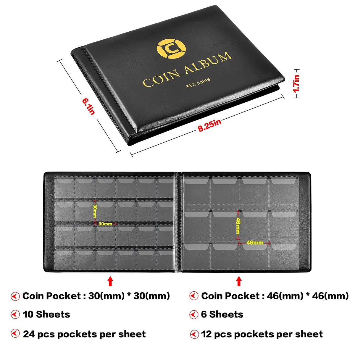 GWCASE Coin Collection Book Holder Albums for Collectors, 312 Pockets | Classic Black Display Album - view 3