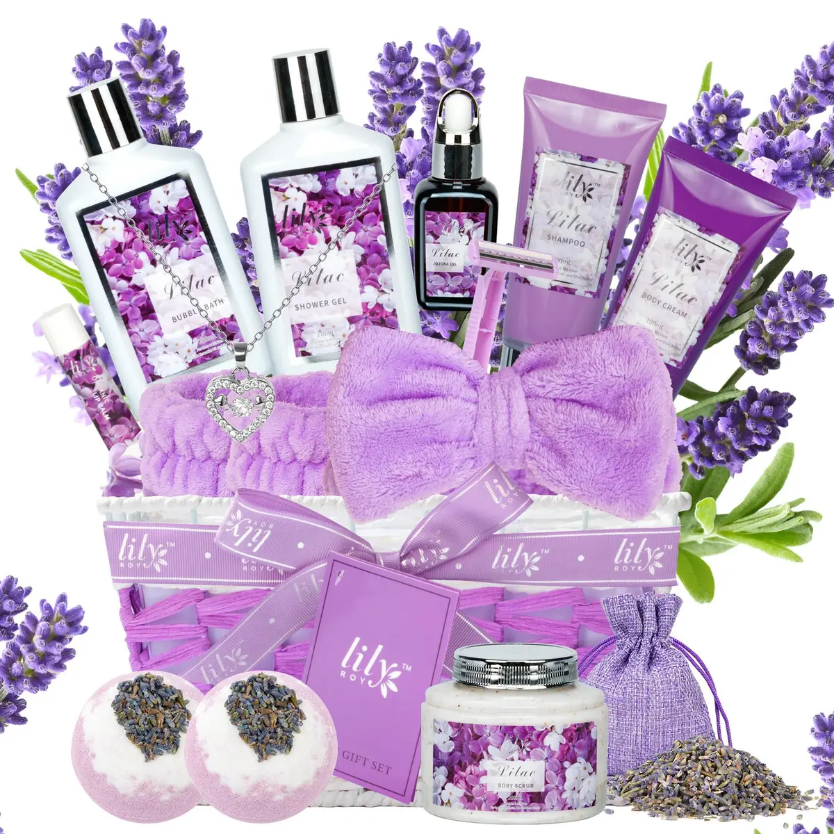 LILY ROY 17-Piece Spa Gift Set | Lavender Lilac Scent, Reusable Basket, Sulfate-Free, Cruelty-Free, Perfect for Women - main product image