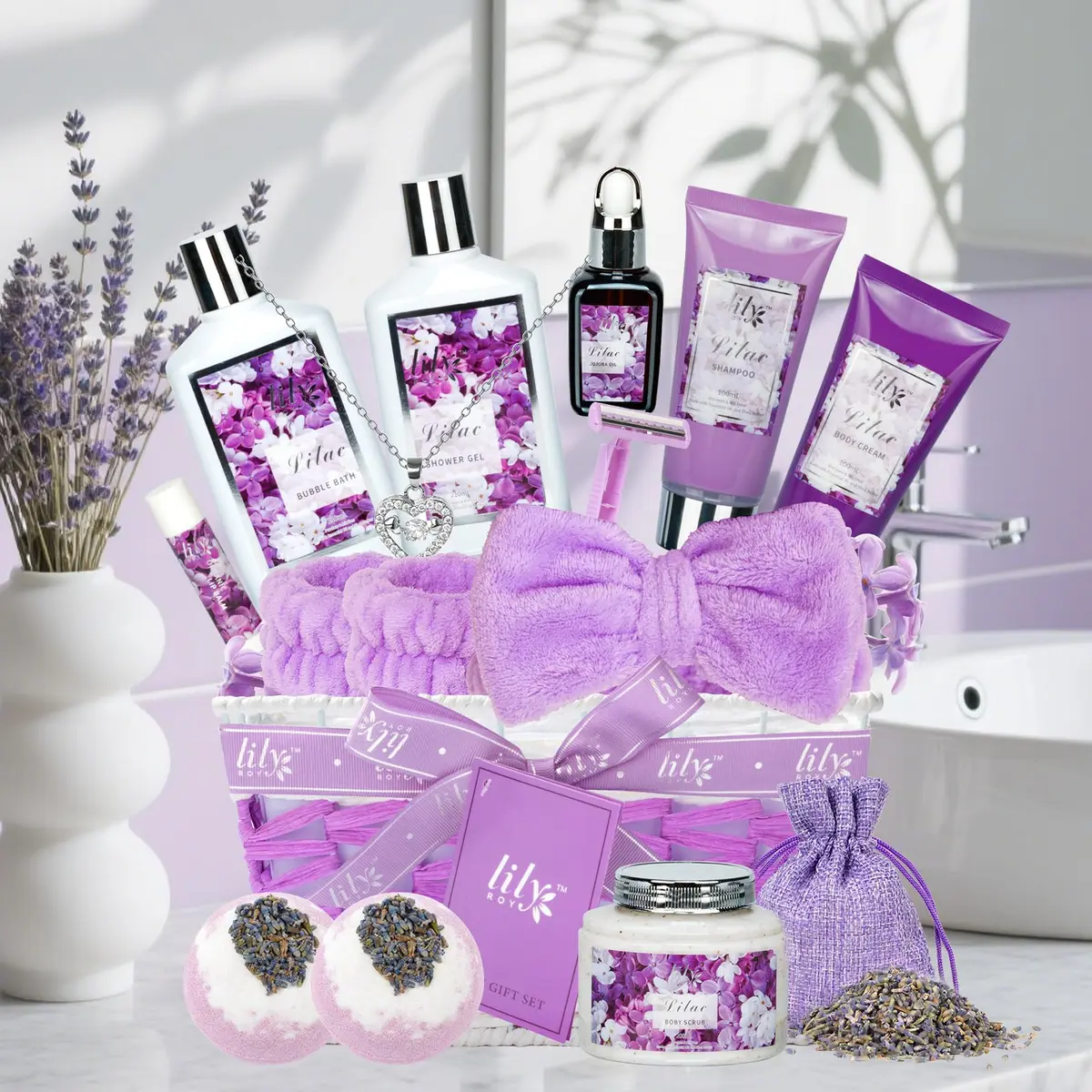 LILY ROY 17-Piece Spa Gift Set | Lavender Lilac Scent, Reusable Basket, Sulfate-Free, Cruelty-Free, Perfect for Women - view 6