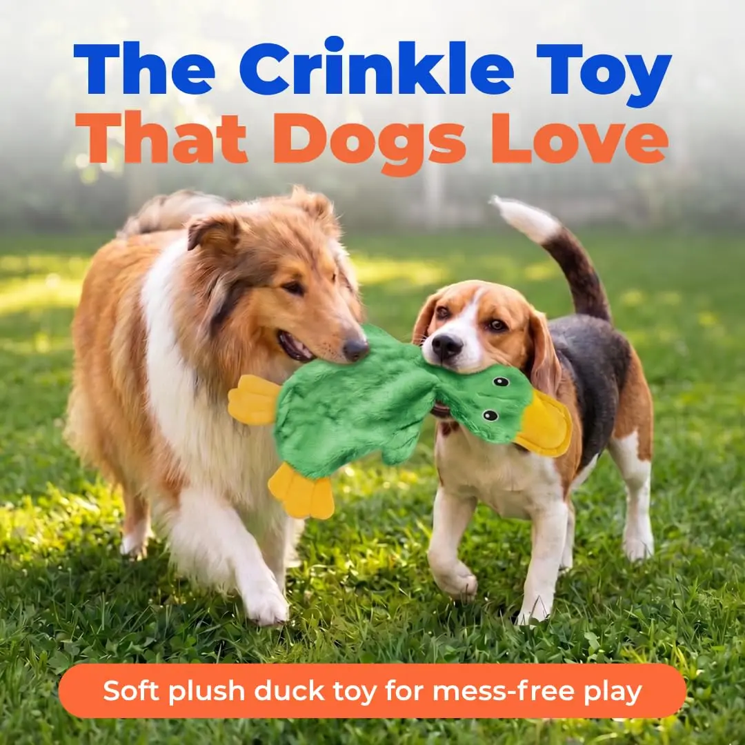 Best Pet Supplies Interactive Squeaky Dog Toy - Crinkle Duck, Green | No Stuffing, Crinkle Paper, Squeaker, 15" - view 2