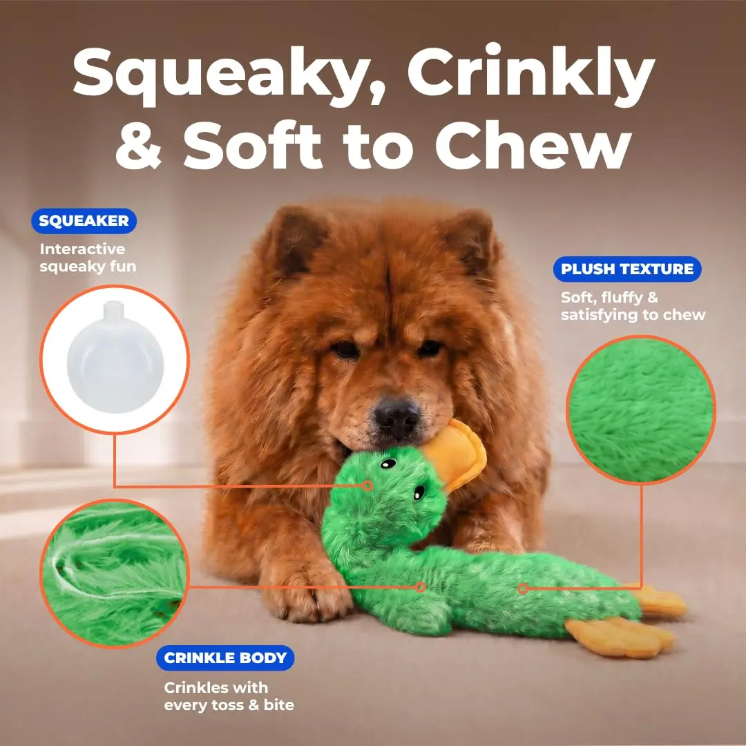 Best Pet Supplies Interactive Squeaky Dog Toy - Crinkle Duck, Green | No Stuffing, Crinkle Paper, Squeaker, 15" - view 3