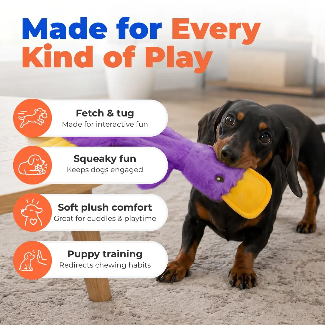 Best Pet Supplies Interactive Squeaky Dog Toy - Crinkle Duck, Purple | No Stuffing, Crinkle Paper, 15" - view 4