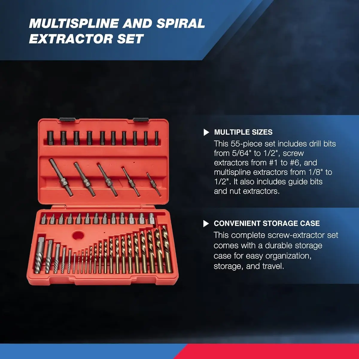 NEIKO 55-Piece Master Screw Extractor Set | 5/64" to 1/2" Multi Spline, Spiral, Nut Extractors | Stripped Screws, Studs, Fittings Extraction - view 3