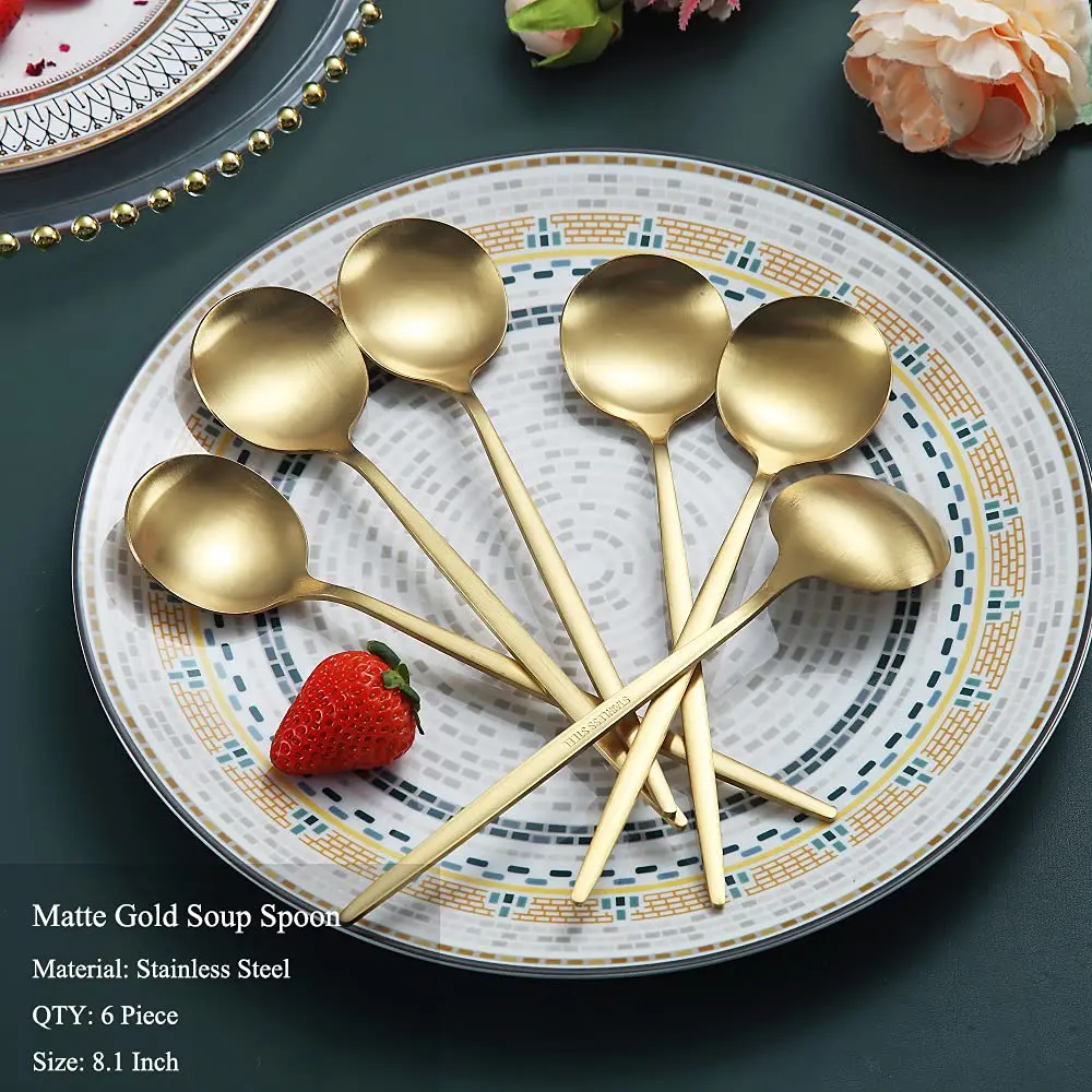 HOMQUEN Matt Gold 6 Piece Dinner Spoons - 8.1'' Stainless Steel Silverware for Home & Restaurant - view 2