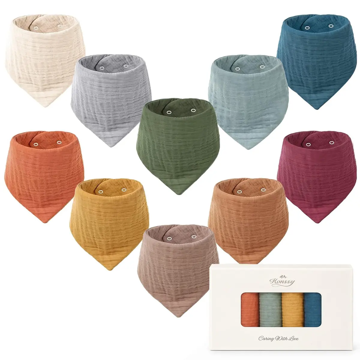 Konssy Baby Muslin Bandana Bibs 10 Pack | 6-Layer Organic Cotton, Adjustable, Soft & Absorbent for Drooling & Teething (One Size) - main product image