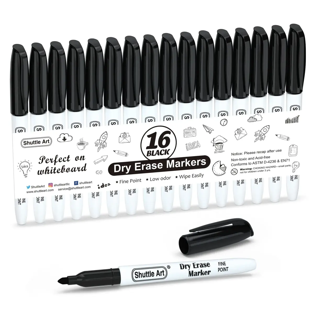 Shuttle Art Black Dry Erase Markers, 16 Pack Fine Tip | Writes Smoothly, Wipes Cleanly - main product image