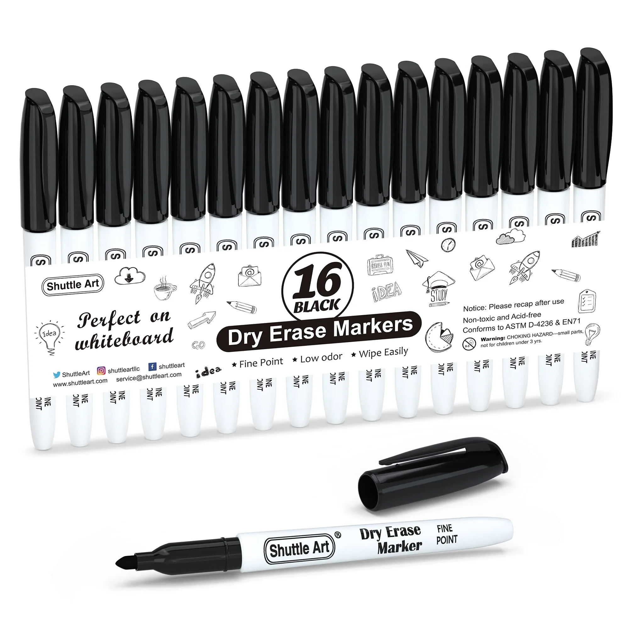 Shuttle Art Black Dry Erase Markers, 16 Pack Fine Tip | Smooth Ink Flow for Students & Office - main product image