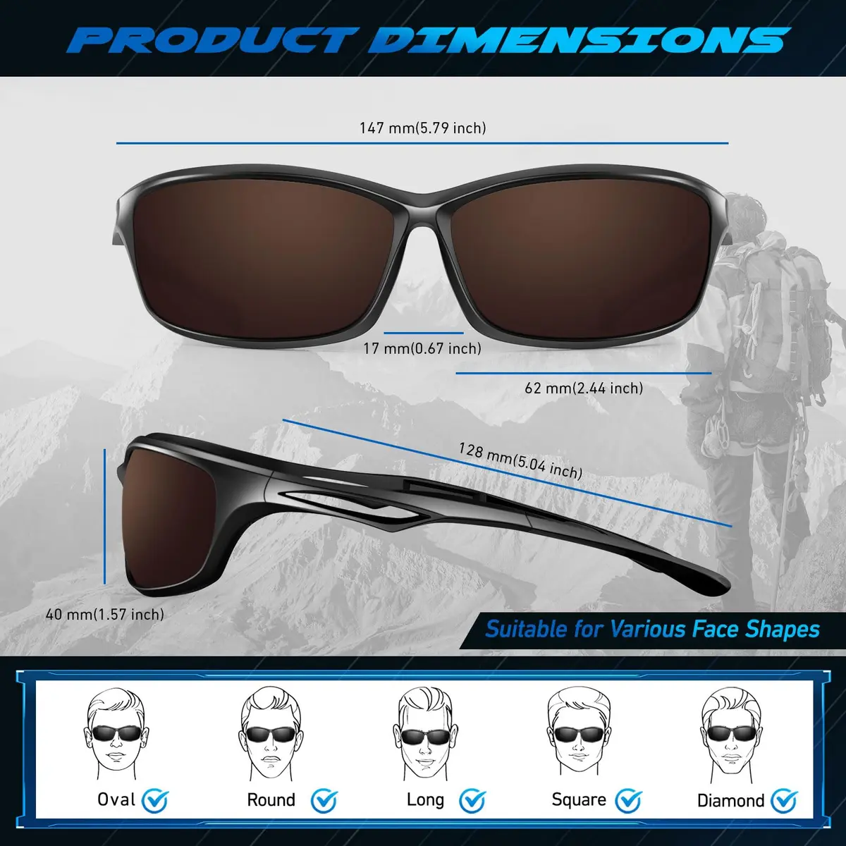 LINVO Polarized Sports Sunglasses Men Women UV400 Protection Wrap Around Goggles (62mm Lens, Black Frame) - view 6