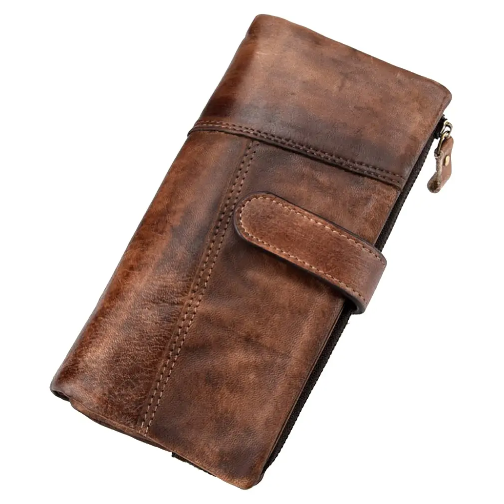 Hebetag Genuine Leather Long Wallet Clutch Purse with 18 Card Slots & Wrist Strap | Brown - main product image
