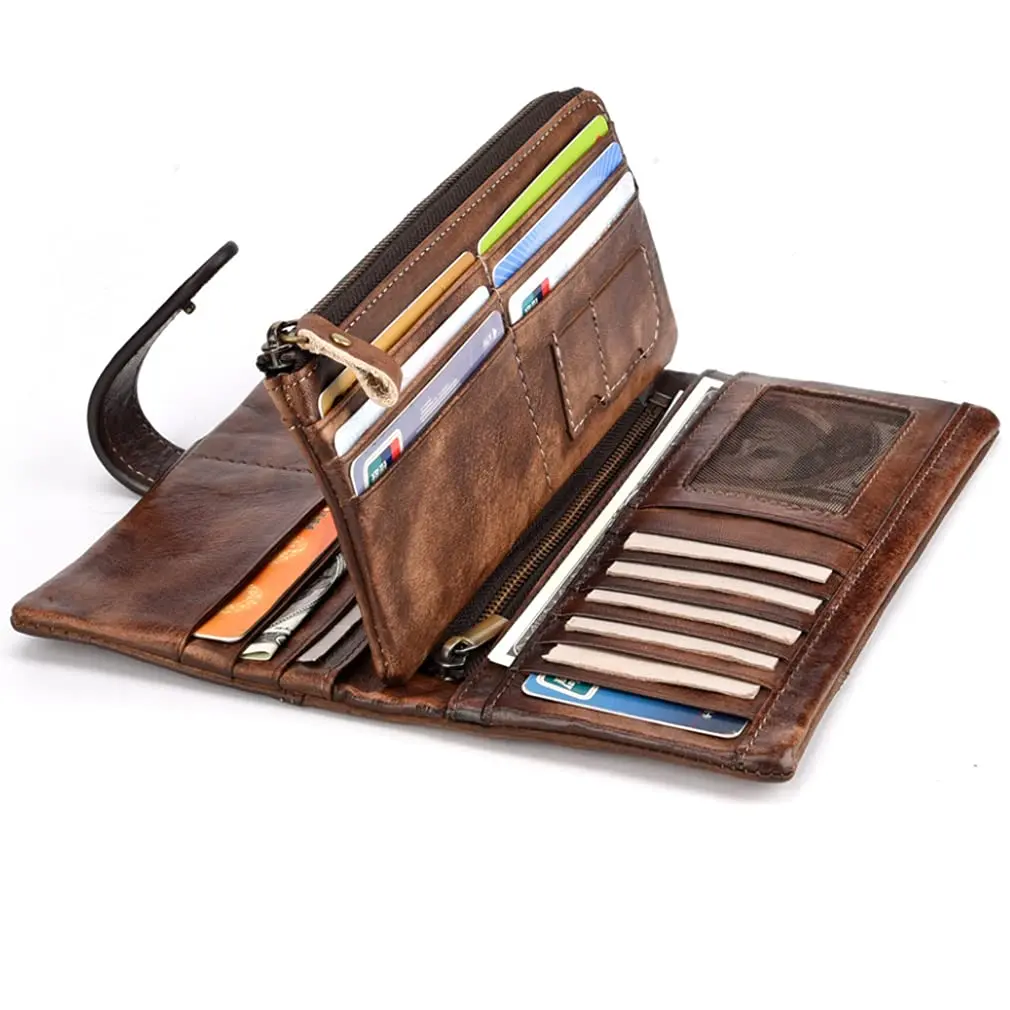 Hebetag Genuine Leather Long Wallet Clutch Purse with 18 Card Slots & Wrist Strap | Brown - view 7