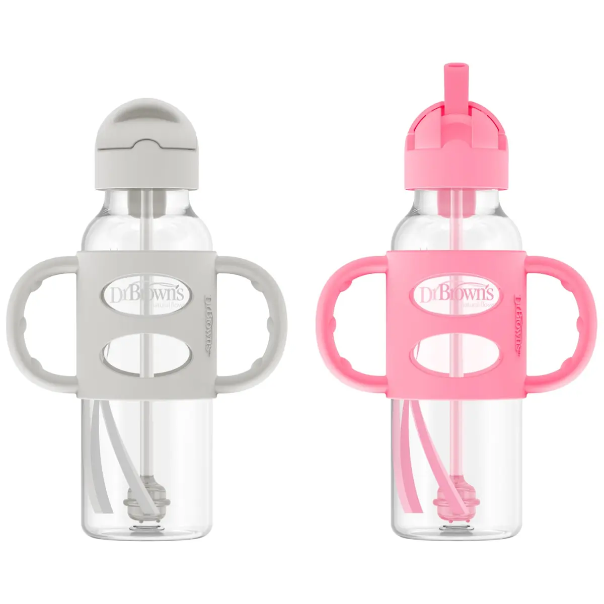 Dr. Brown's Narrow Sippy Straw Bottle with Handles, Gray & Pink, 2-Pack | Baby Bottle Transition Aid for 6m+ - main product image