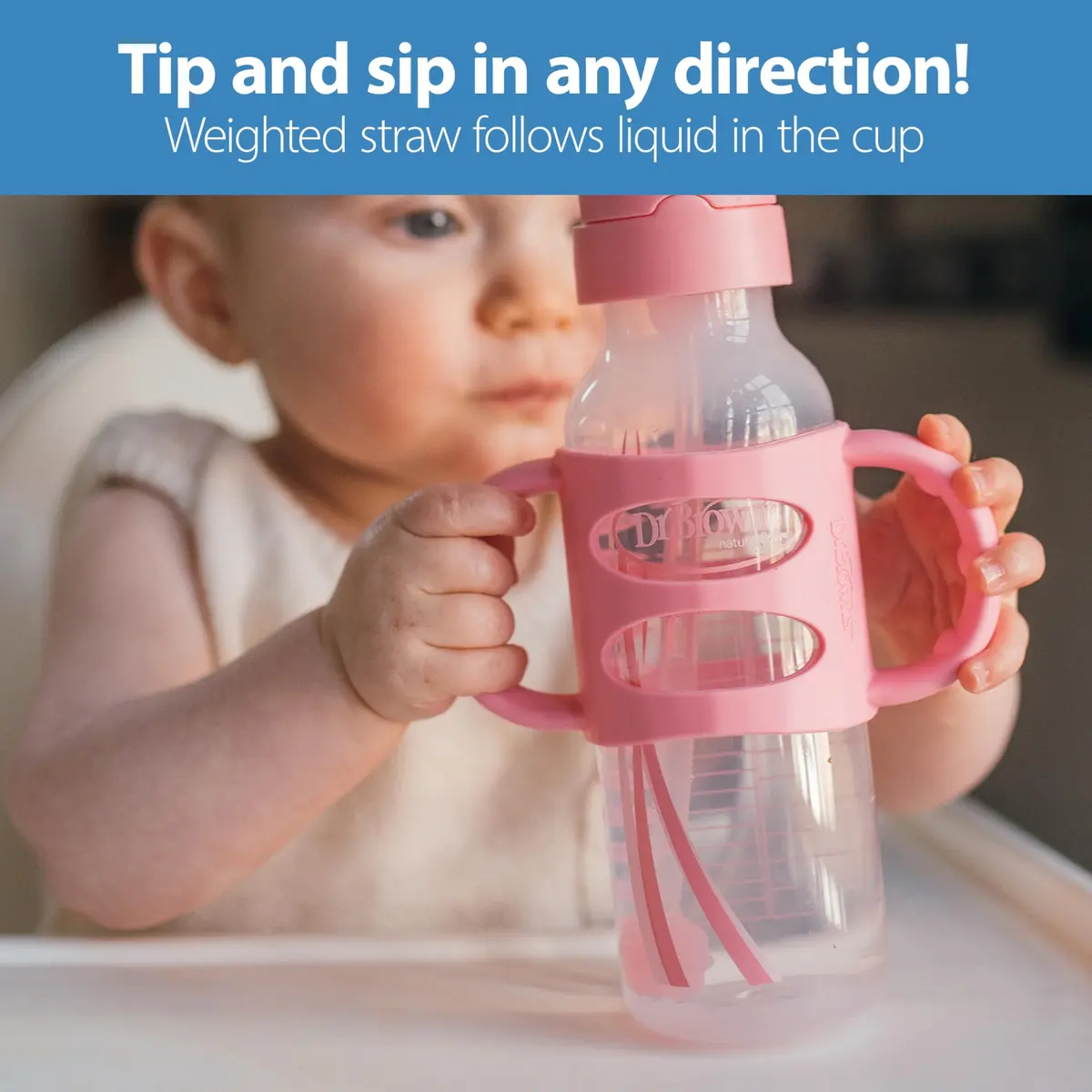 Dr. Brown's Narrow Sippy Straw Bottle with Handles, Gray & Pink, 2-Pack | Baby Bottle Transition Aid for 6m+ - view 2