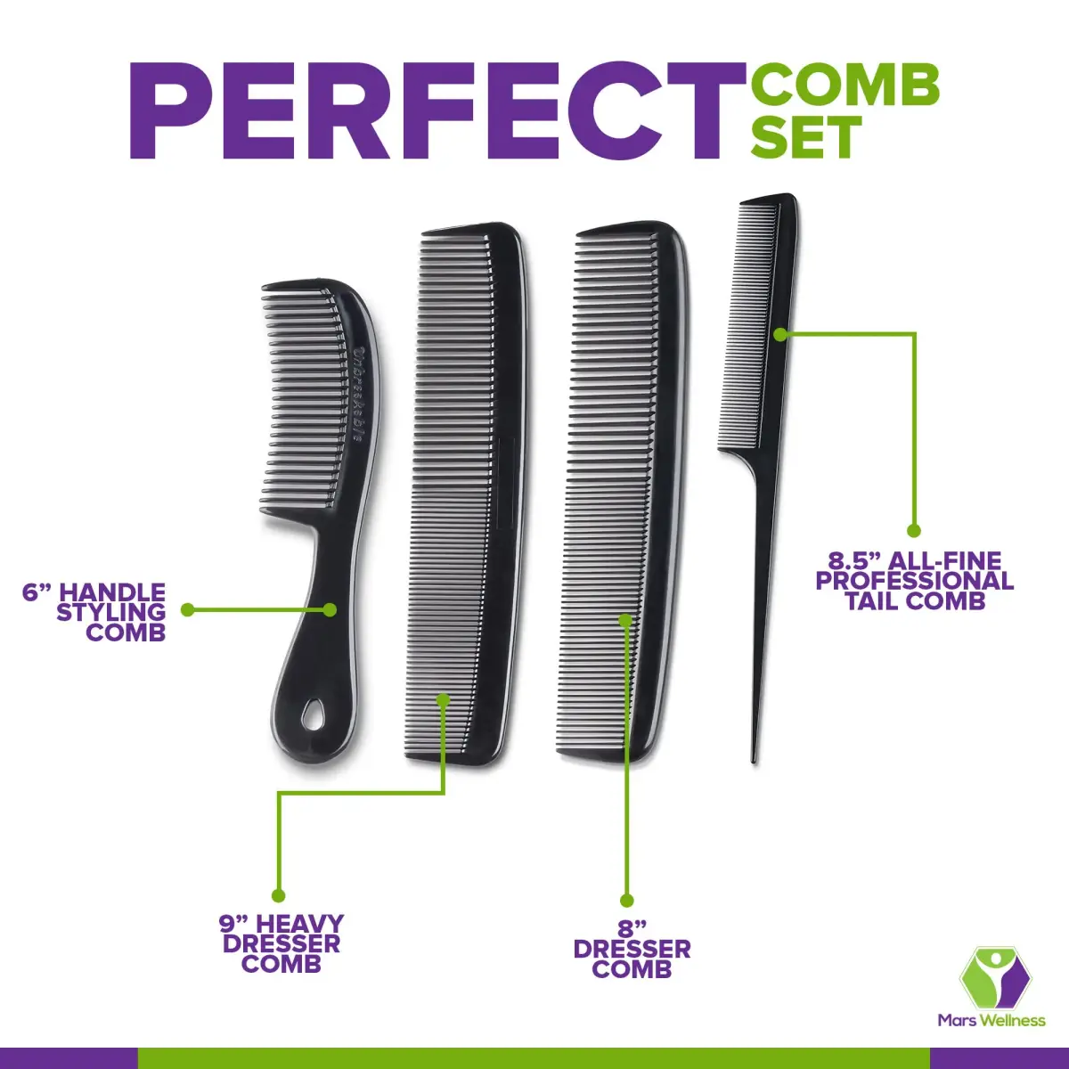 Mars Wellness Black 4 Piece Professional Comb Set | Detangling, Styling, and Grooming - view 4