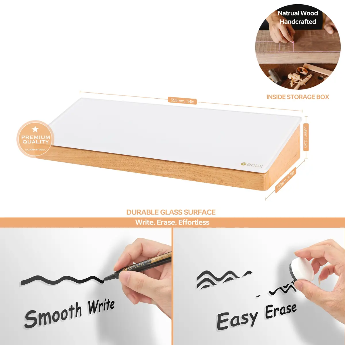 YEOUX Glass Desktop Whiteboard with Wood Organizer 35.6 x 12.3 cm (14 x 4.85 in) | Dry Erase Board for Desk Accessories - view 5