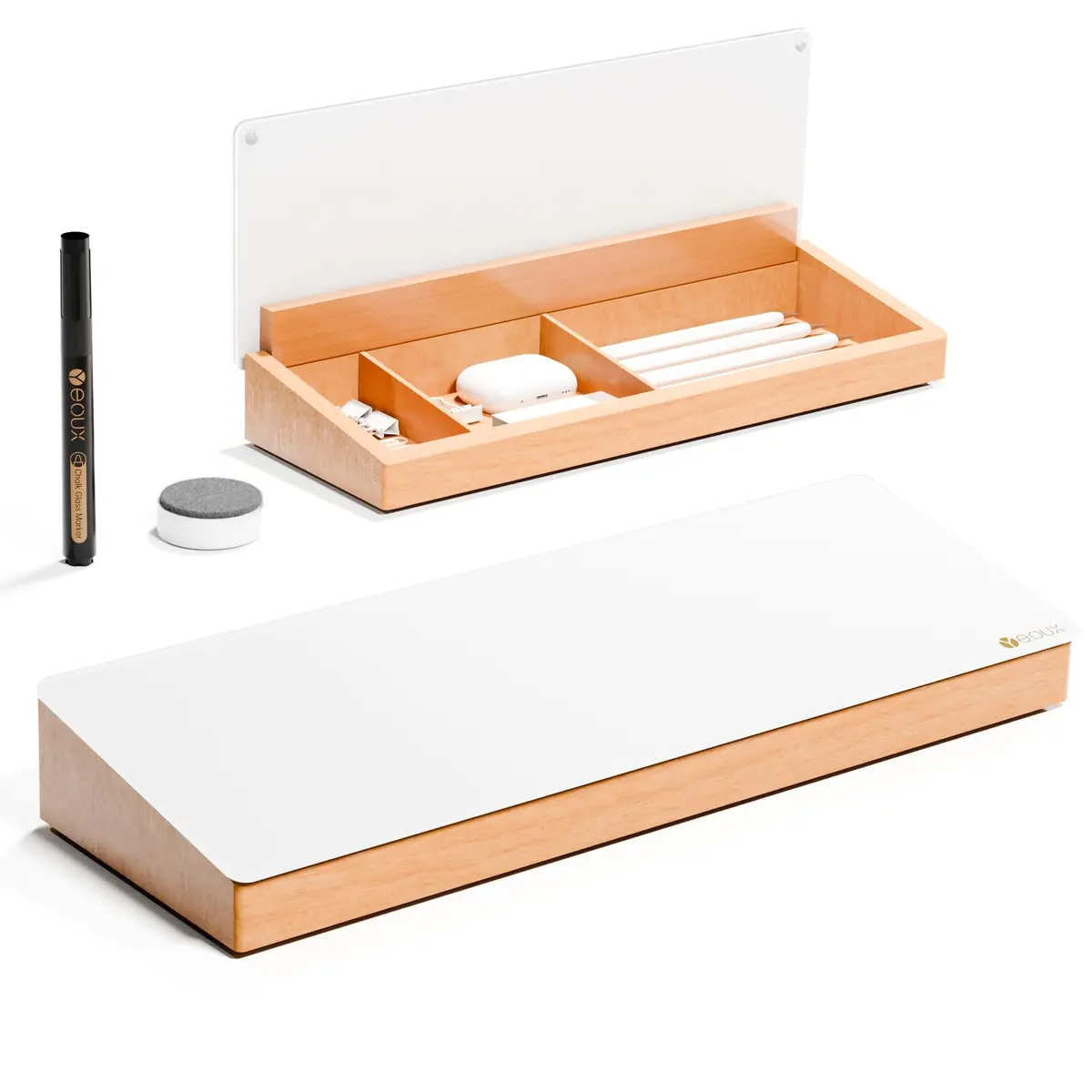 YEOUX Glass Desktop Whiteboard with Wood Organizer 35.6 x 12.3 cm (14 x 4.85 in) | Dry Erase Board for Desk Accessories - main product image
